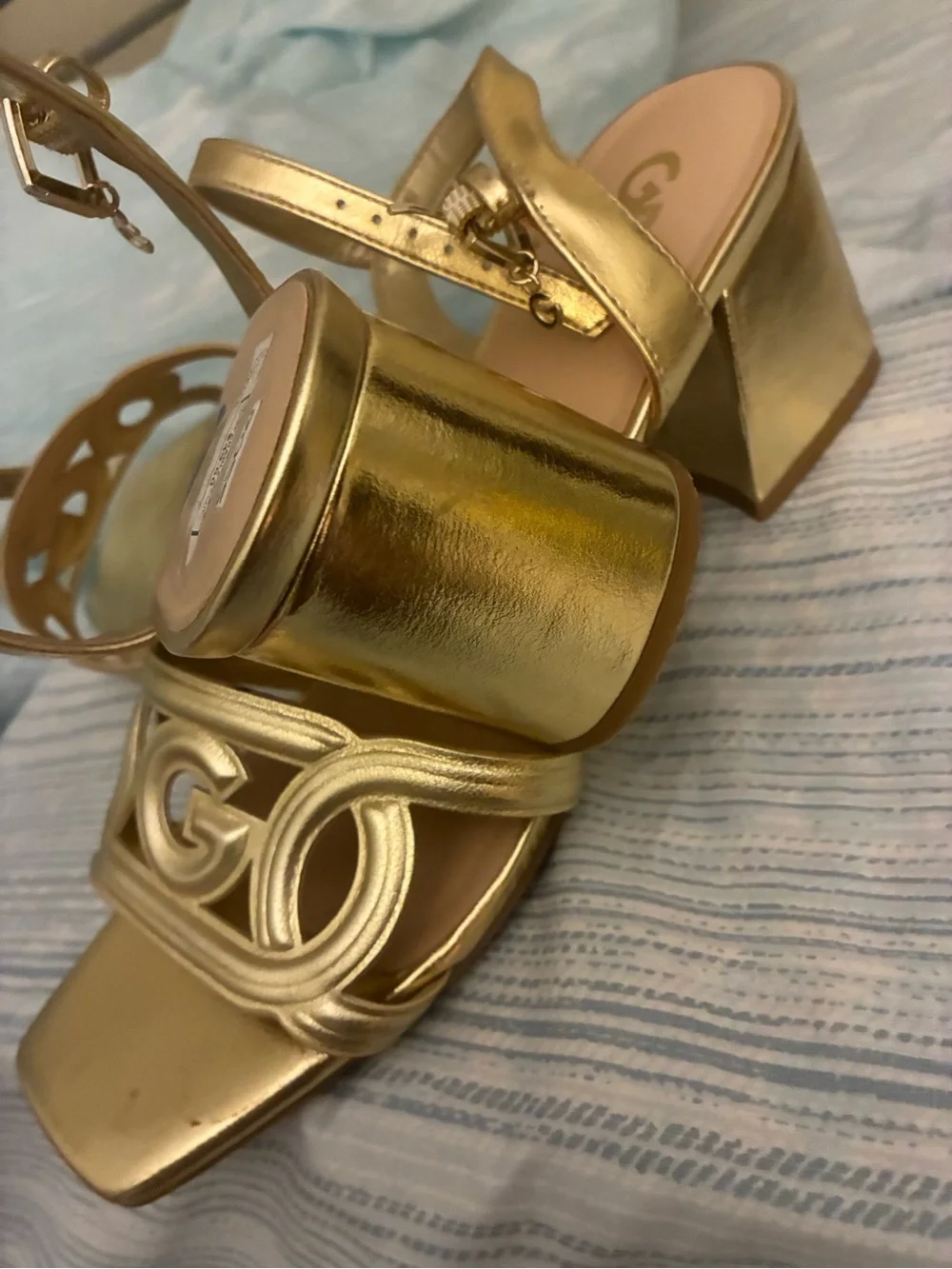 GBG Los Angeles Gold Metallic Logo Cutout Heels